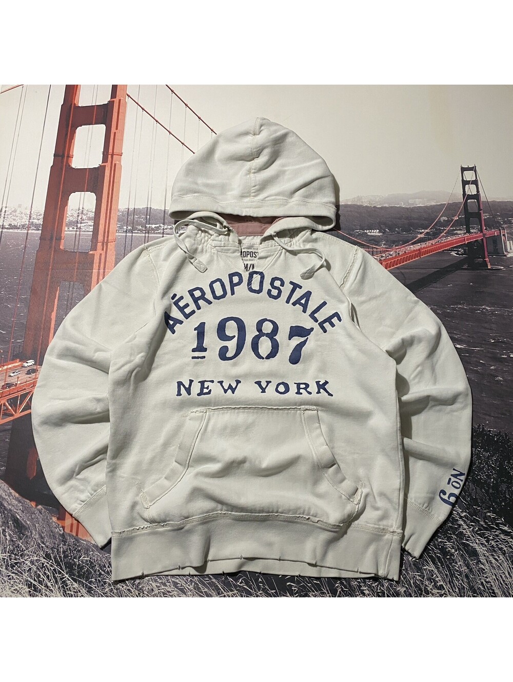 Vinatge Y2K Aeropostale Hoodie Mens M 1987 New York Sweatshirt Distressed 2000s